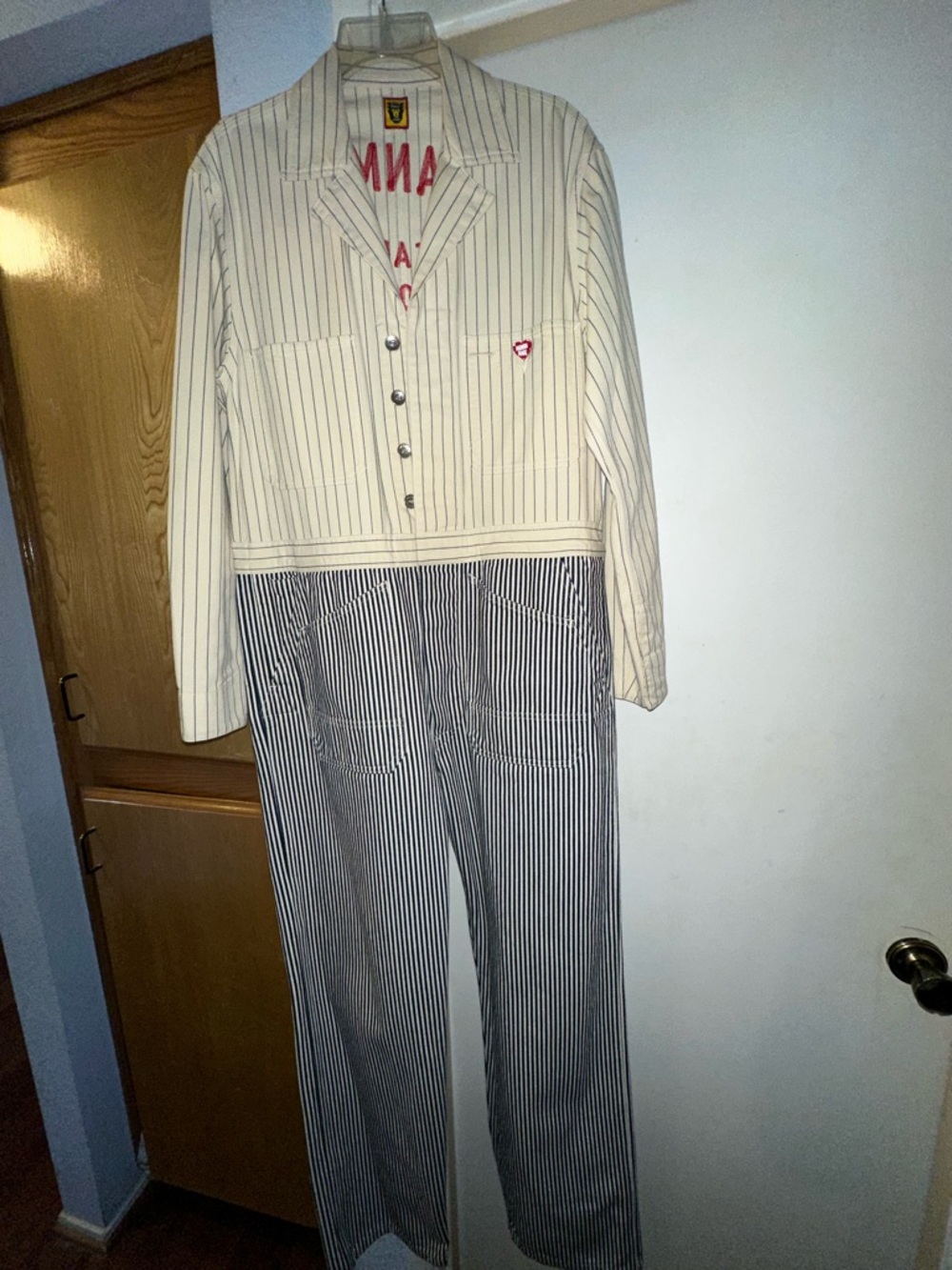 Human Made Red Heart Logo Pin on Cream and Black Pinstripe